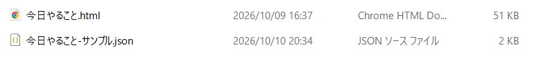 今日やることのHTMLファイルと、表の内容を入れたサンプルJSONファイルの一覧。