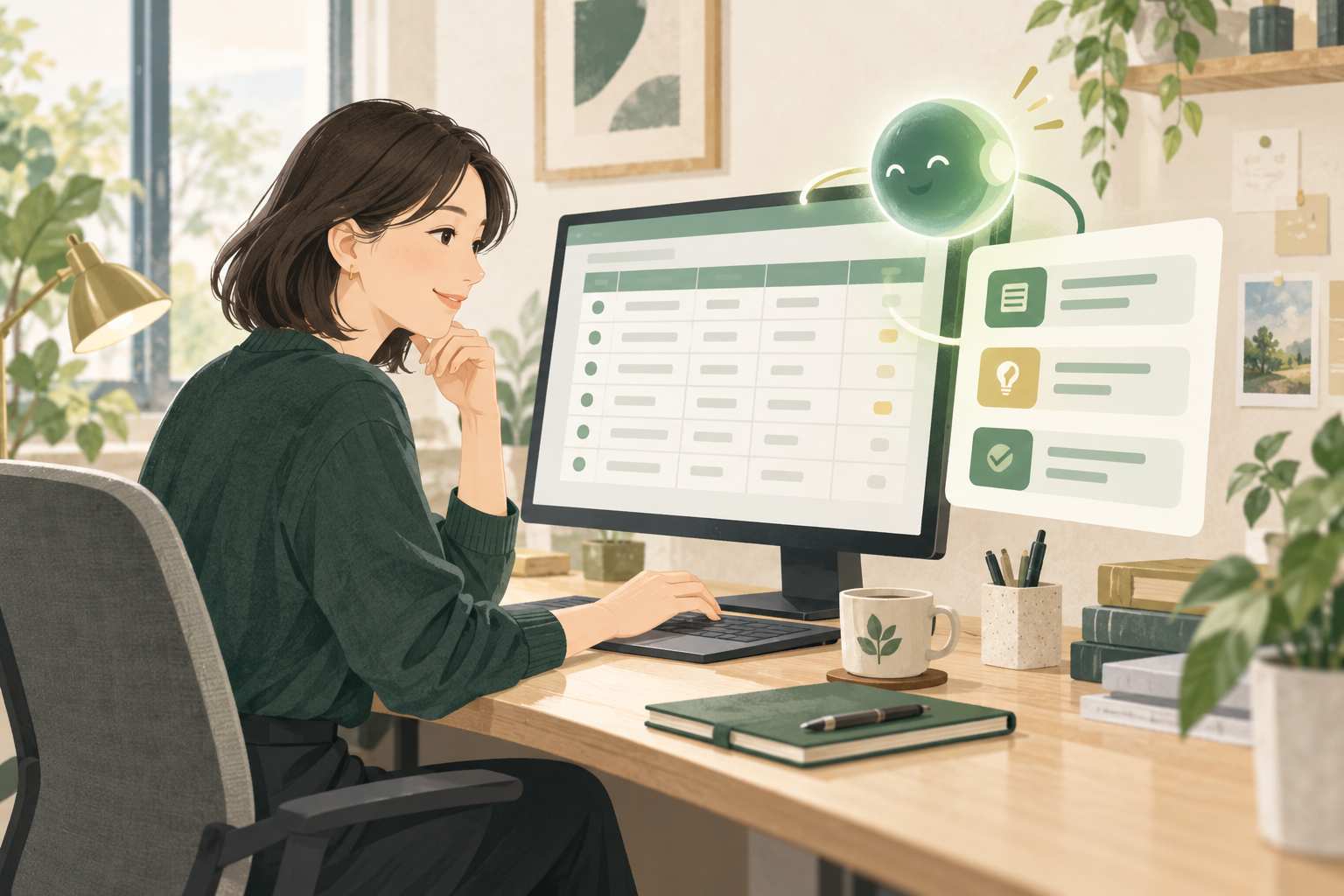 表を見ながらAIエージェントの提案を受け取り、作業を進めるイメージ