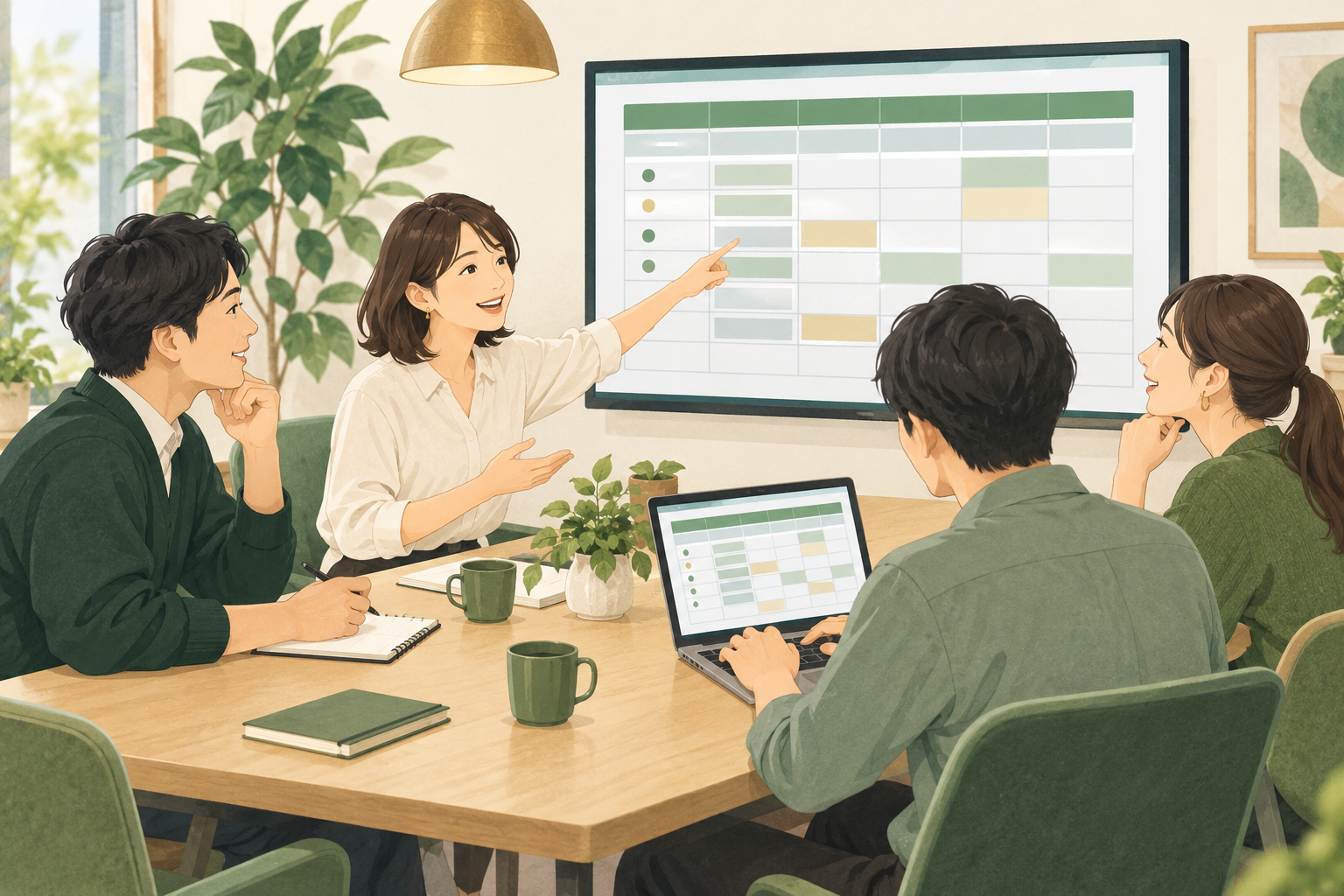 会議で一つの表をみんなで見て、話し合った内容を一人が入力する様子