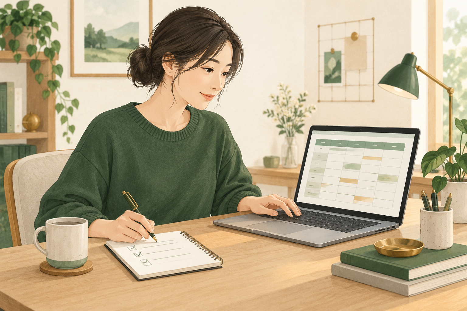 一人でノートと表を使い、計画や作業のたたき台を整理する様子